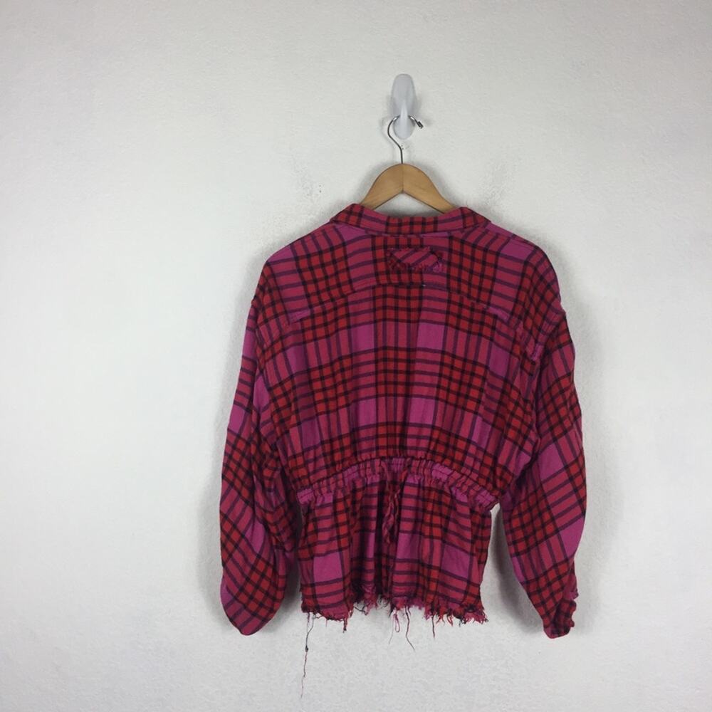 Free People Pacific Dawn Red Pink Drawstring Plaid Shirt Medium - Picture 13 of 14